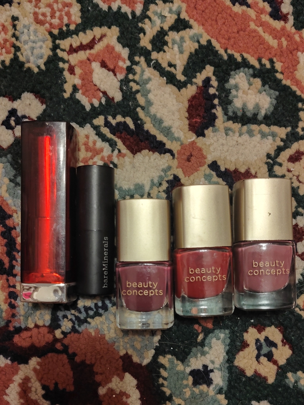Beauty Concepts Nail polish, Maybelline Red Lipstick, Bare Minerals Red Lipstick